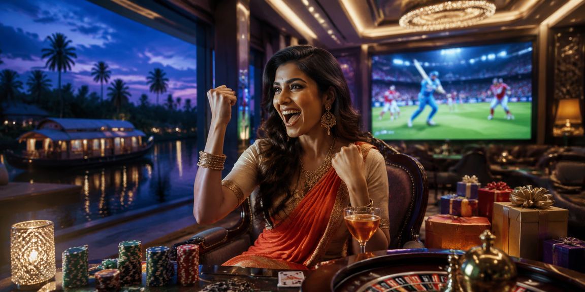 Peaceful Kerala backwaters with a young player engaging in online betting