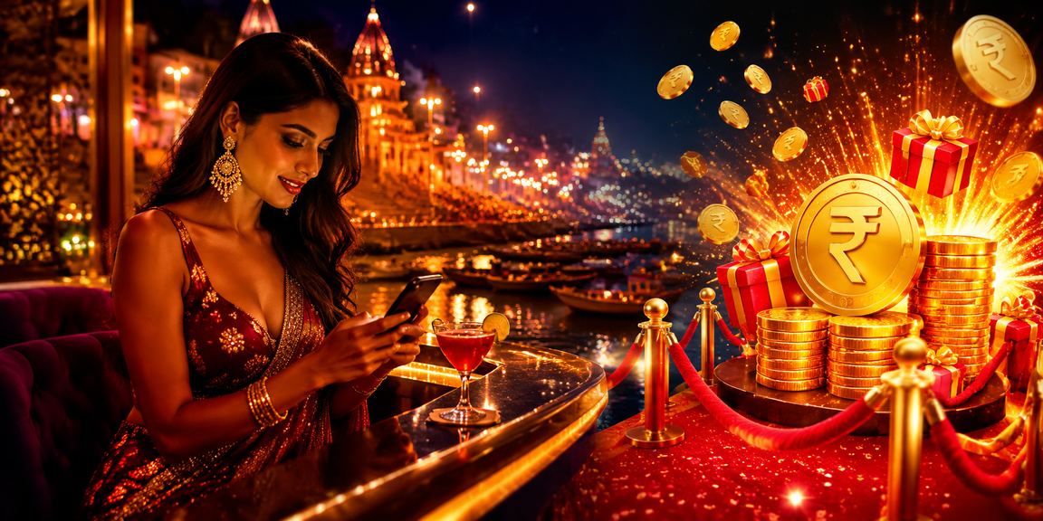 Player enjoying mobile casino at Varanasi Ghat riverside